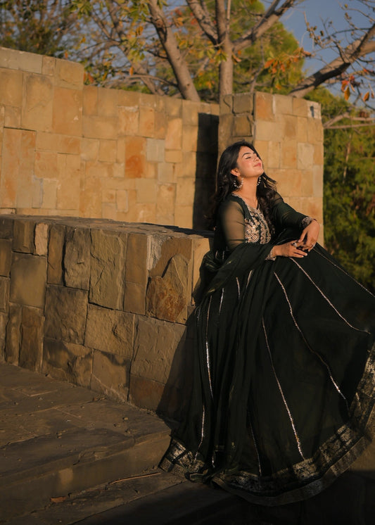 Shop Bottle Green Zardozi Chiffon Festive Wear Suit Online in Sri Lanka India Australia