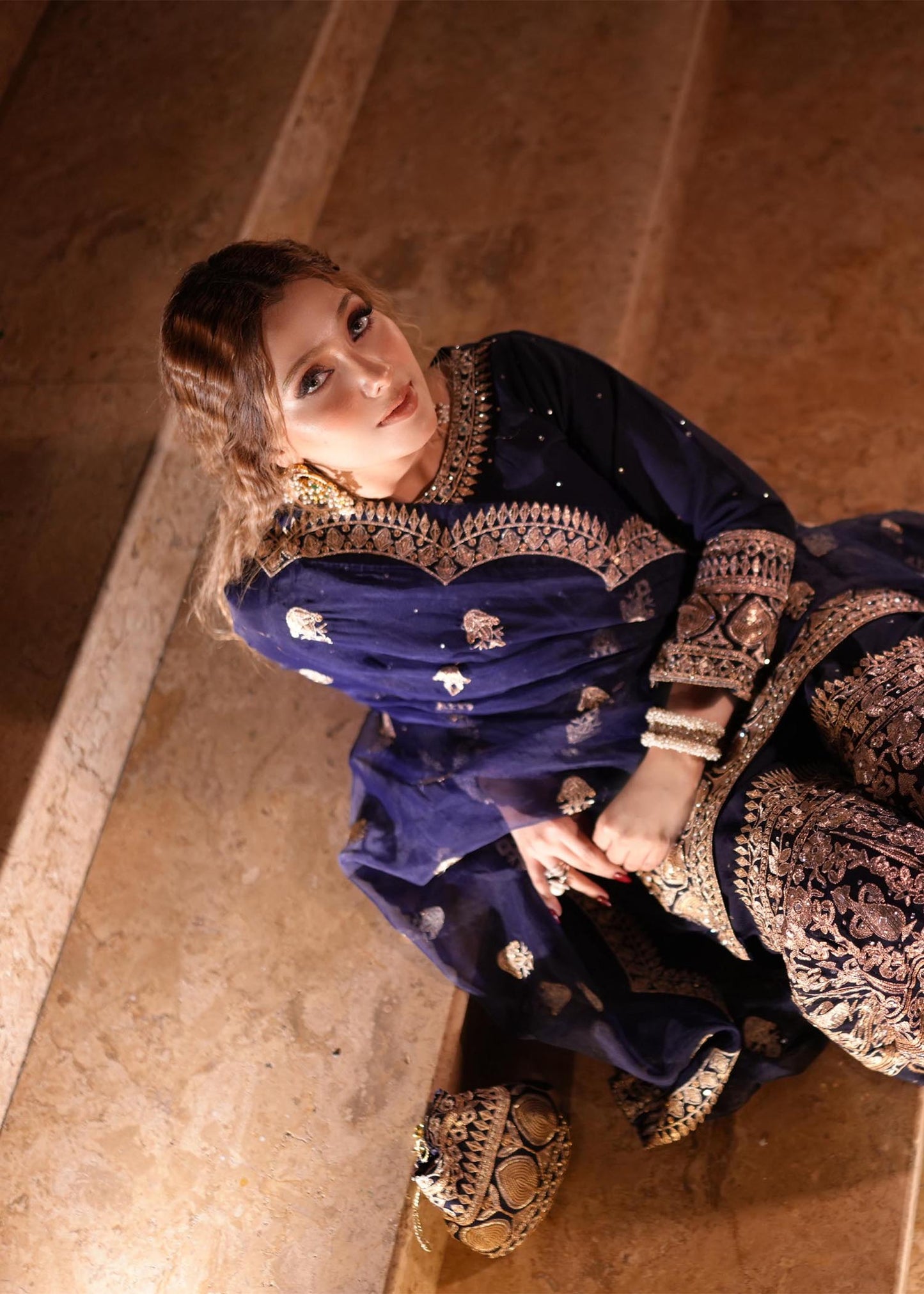 Shop Dark Blue Chiffon Gharara Set Online in Dubai DXB UAE Abudhabi Meena Bazaar
