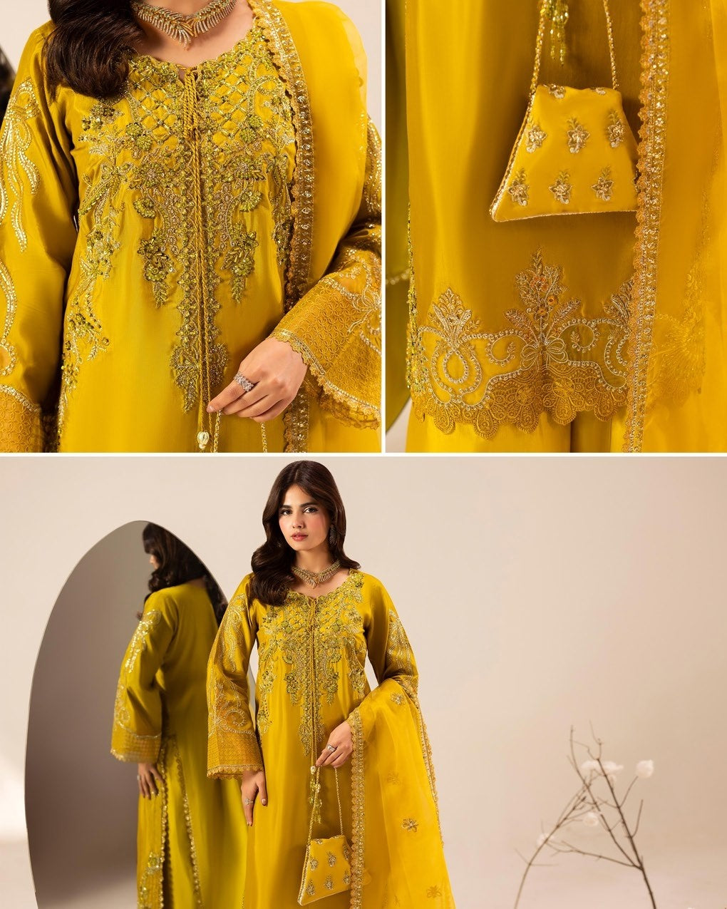 Shop Dhani Yellow Orange Raw Silk Designer Suit Online in Dubai DXB UAE Abudhabi Meena Bazaar