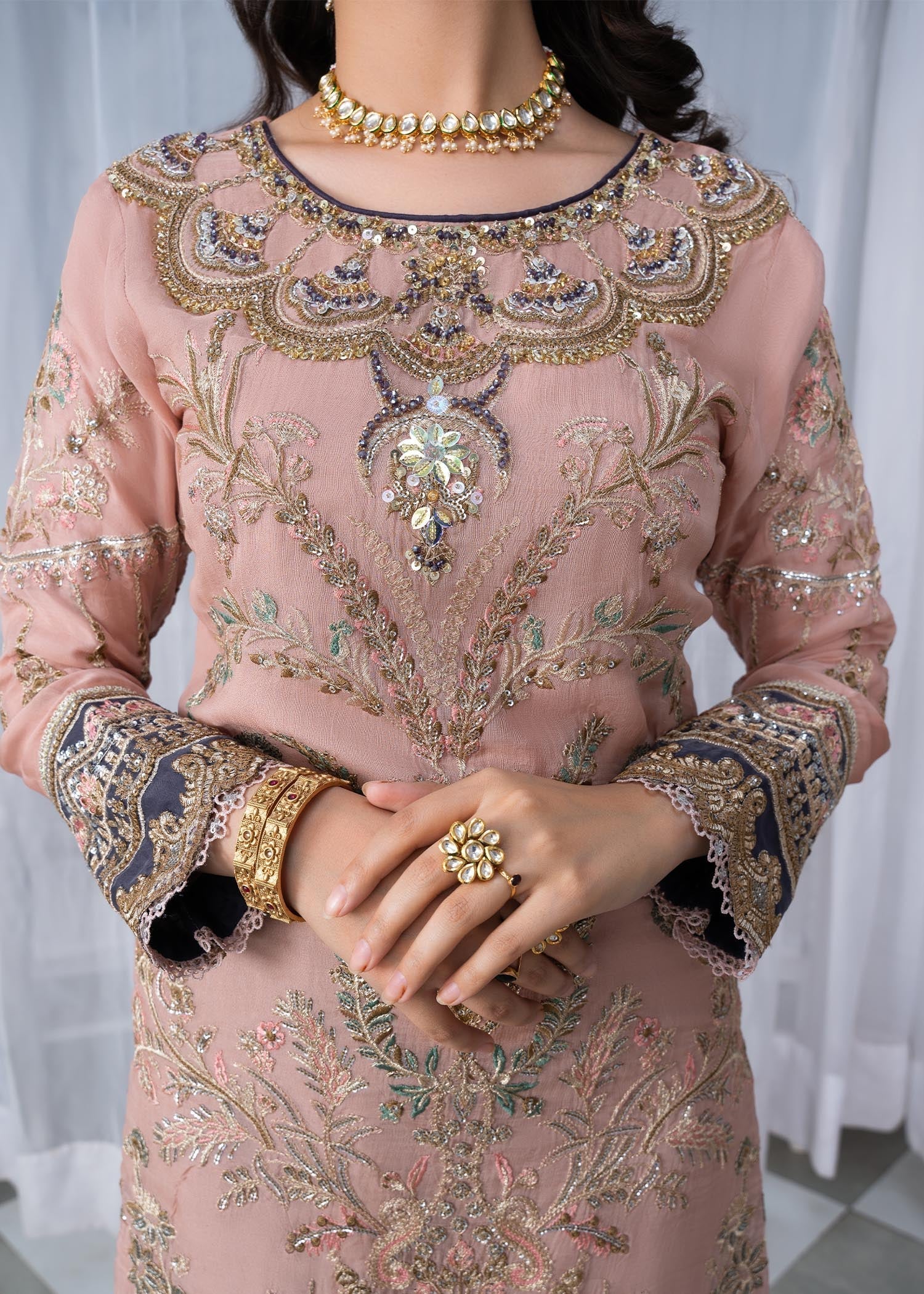 Shop Embellished Peach Georgette Sharara Online in KSA Riyadh Saudi Arabia Oman Bahrain Qatar
