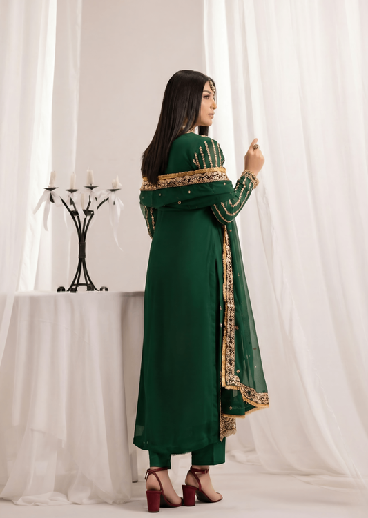 Shop Embroidered Bottle Green Bemberg Crinkle Chiffon Suit Online in Dubai DXB UAE Abudhabi Meena Bazaar