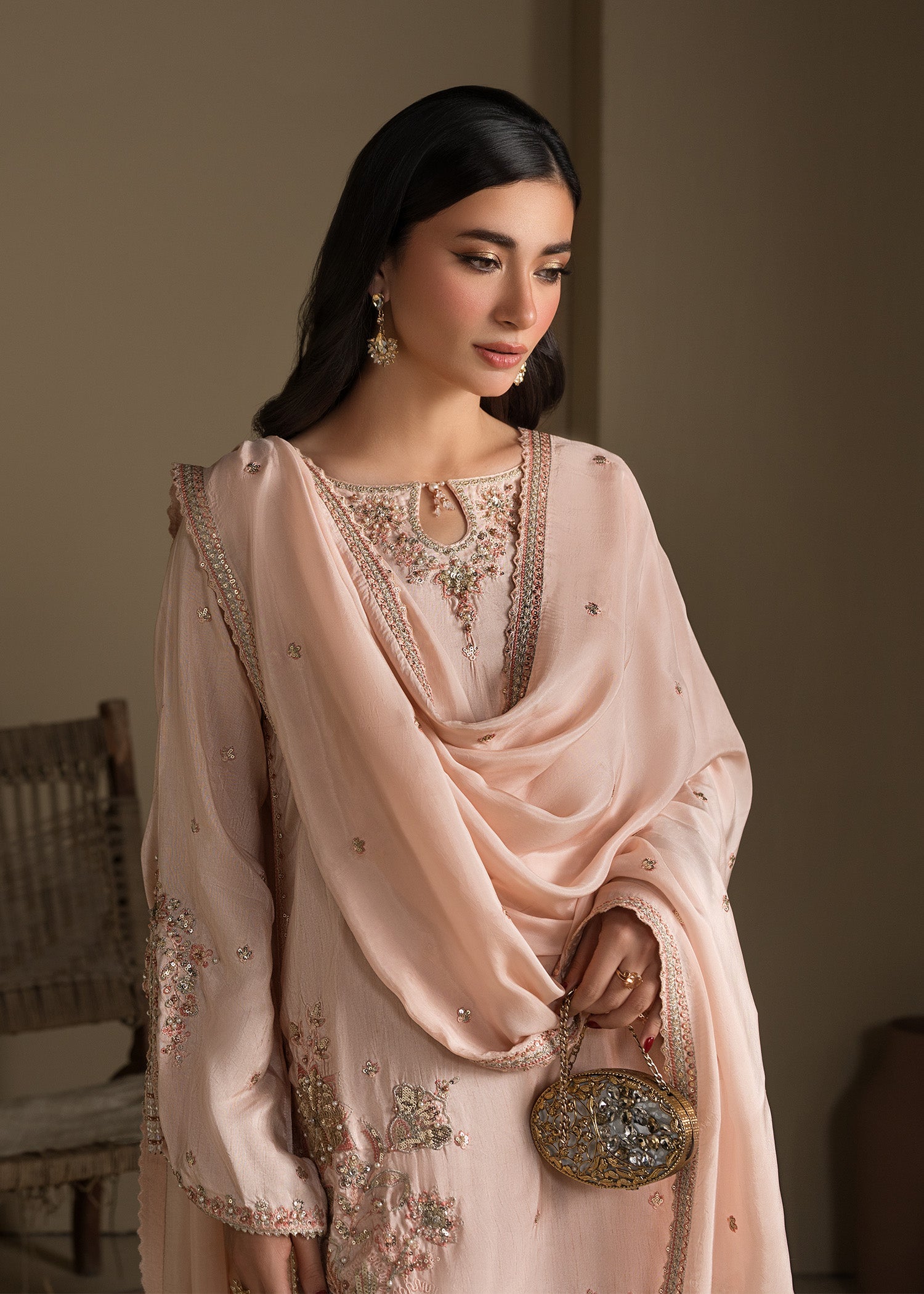 Shop Embroidered Peach Orange Raw Silk Farshi Shalwar Online in Dubai DXB UAE Abudhabi Meena Bazaar
