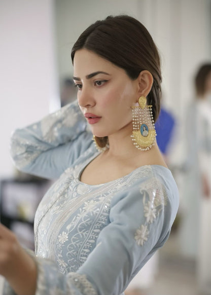 Shop Ice Blue Chiffon Festive Wear Suit Online in Dubai DXB UAE Abudhabi Meena Bazaar