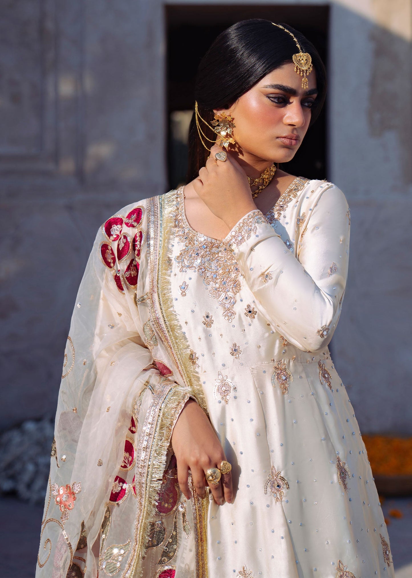 Shop Ivory Charmuse Maxi Pakistani Wedding Outfit Online in Dubai DXB UAE Abudhabi Meena Bazaar