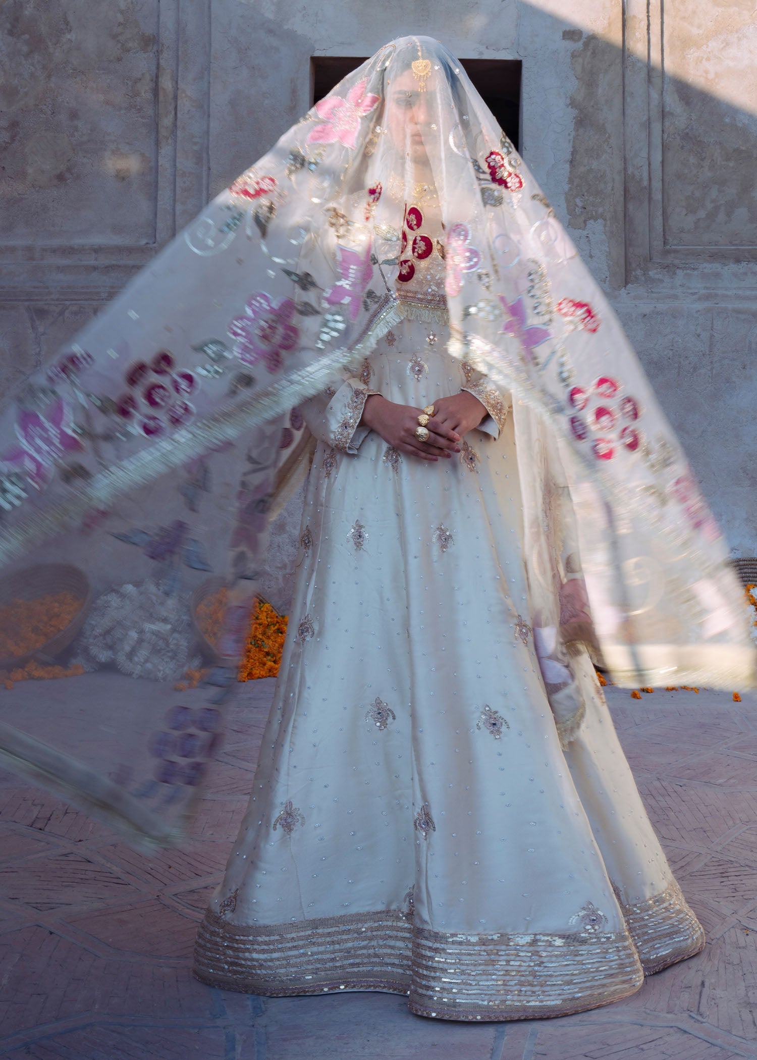 Shop Ivory Embroidered Charmuse Maxi Wedding Outfit Online in Dubai DXB UAE Abudhabi Meena Bazaar