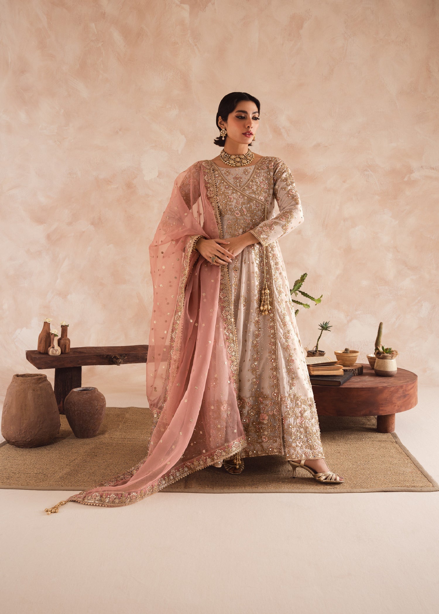 Shop Ivory Organza Chiffon Angrakha Suit Online in Dubai DXB UAE Abudhabi Meena Bazaar