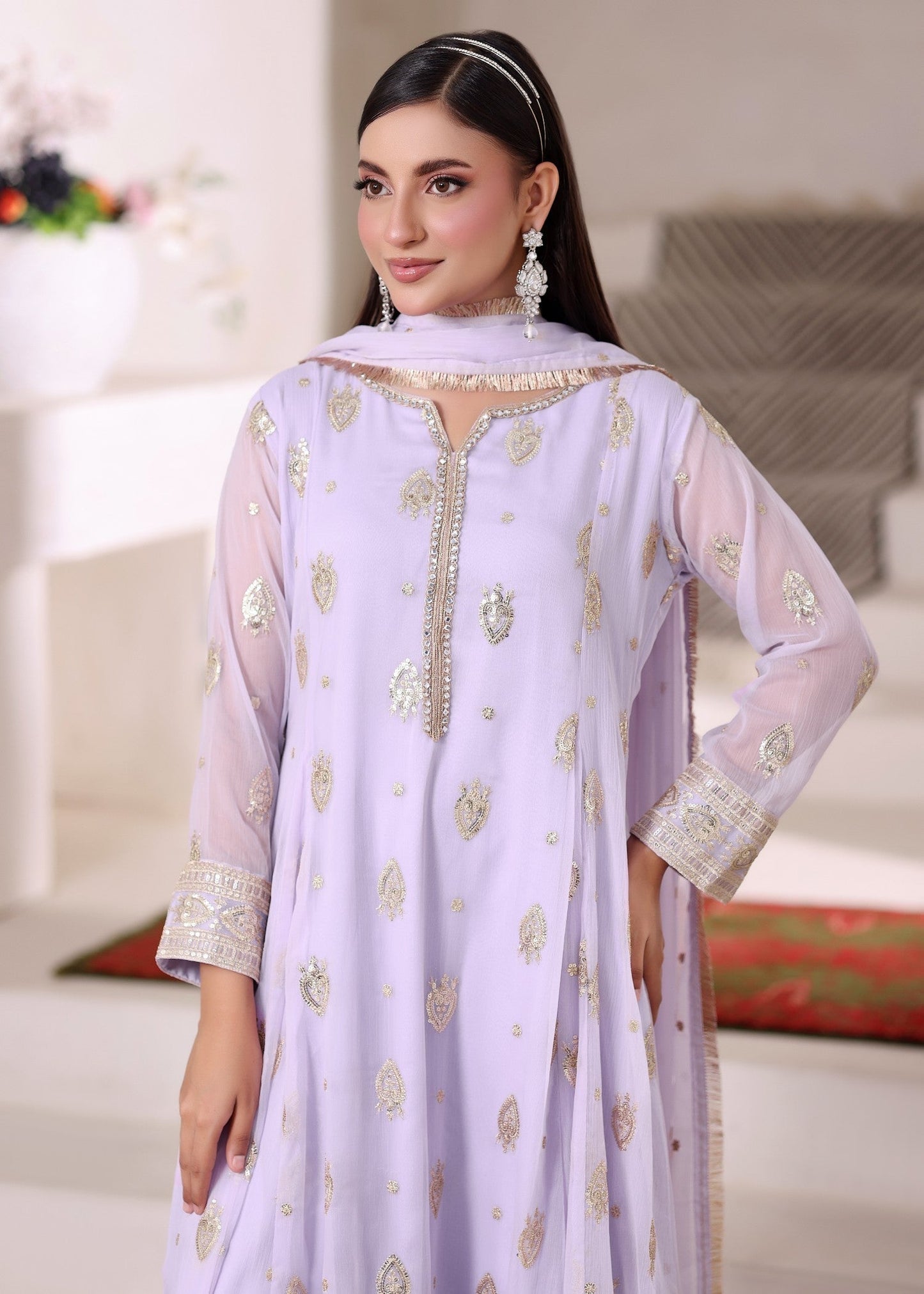 Shop Lilac Flared Pishwas Chiffon Dress Online in Dubai DXB UAE Abudhabi Meena Bazaar