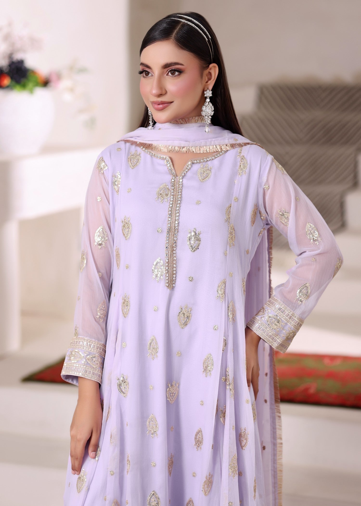 Shop Lilac Flared Pishwas Chiffon Dress Online in Dubai DXB UAE Abudhabi Meena Bazaar