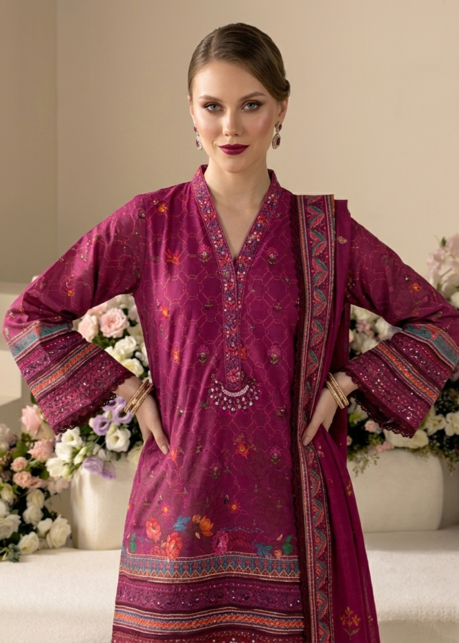 Shop Magenta Embroidered Raw Silk Farshi Shalwar Online in Dubai DXB UAE Abudhabi Meena Bazaar