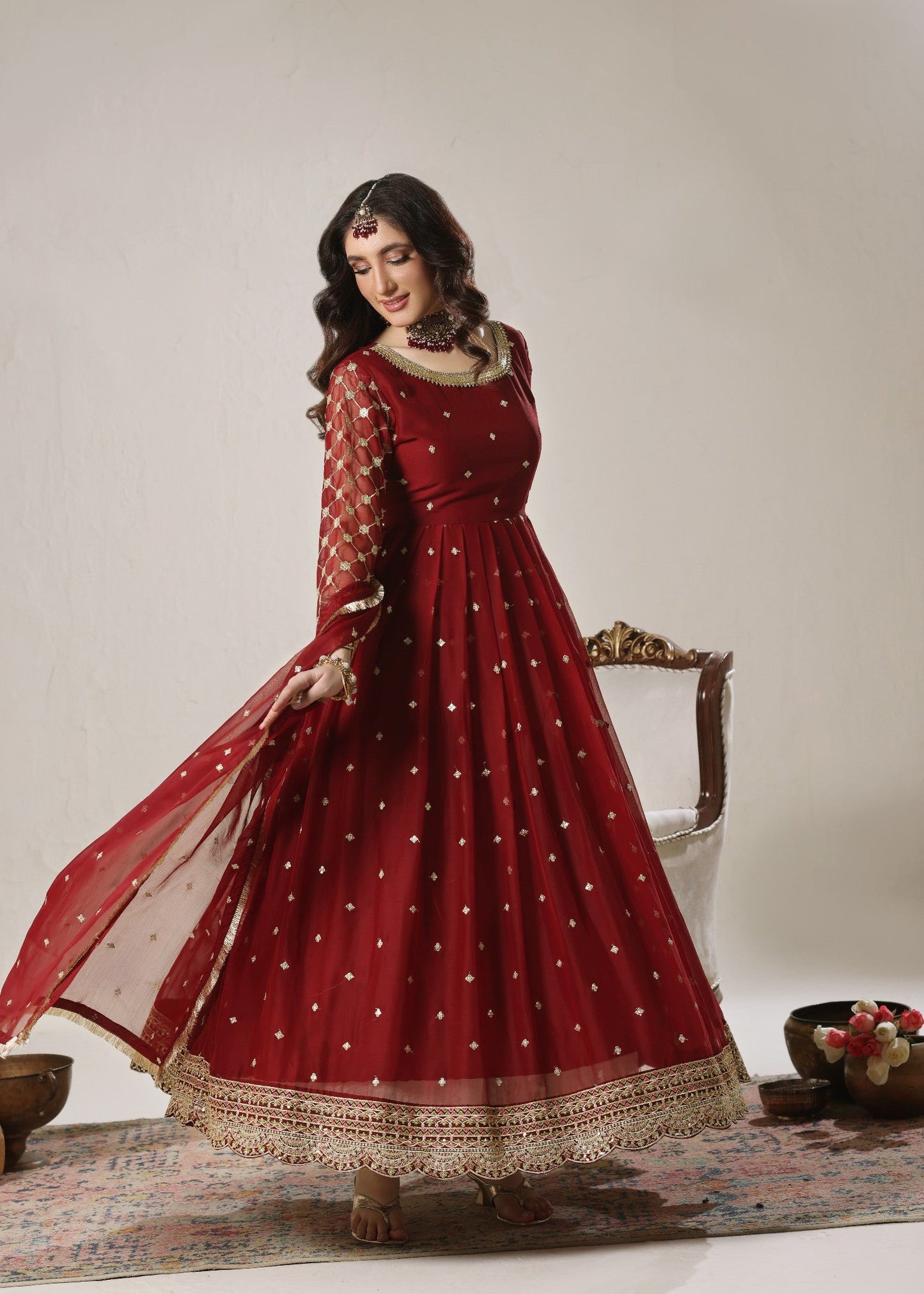 Shop Maroon Embroidered Chiffon Festive Wear Pishwas Online in Dubai UAE Abudhabi Ajman Sharjah