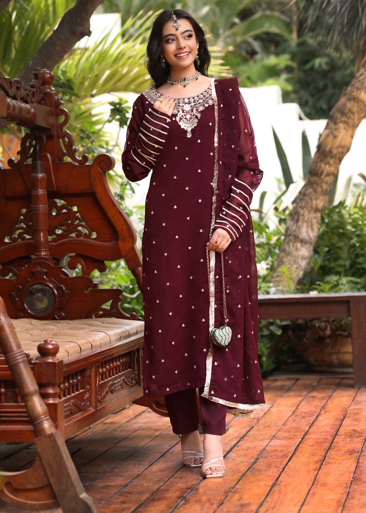 Shop Maroon Embroidered Chiffon Party Wear Outfit Online in KSA Riyadh Saudi Arabia Oman Bahrain Qatar