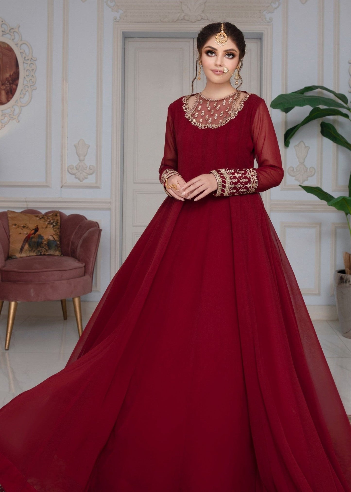 Shop Maroon Embroidered Chiffon Pishwas Salwar Kameez Online in Dubai UAE Abudhabi Ajman Sharjah