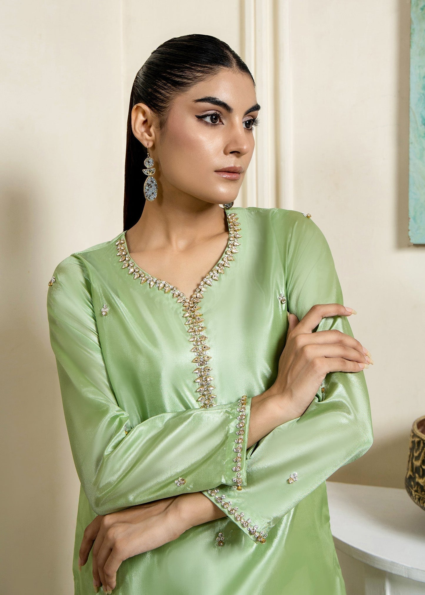Shop Mint Green Kattan Silk Farshi Shalwar with Embellished Neckline Online in Dubai DXB UAE Abudhabi Meena Bazaar