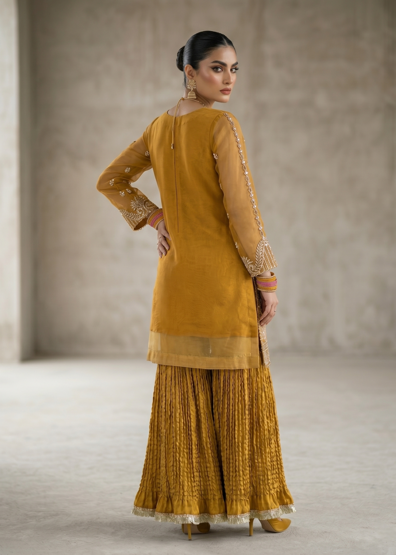 Shop Mustard Raw Silk Gharara Organza Dupatta Online in Dubai DXB UAE Abudhabi Meena Bazaar