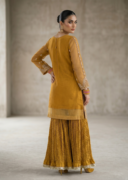 Shop Mustard Raw Silk Gharara Organza Dupatta Online in Dubai DXB UAE Abudhabi Meena Bazaar