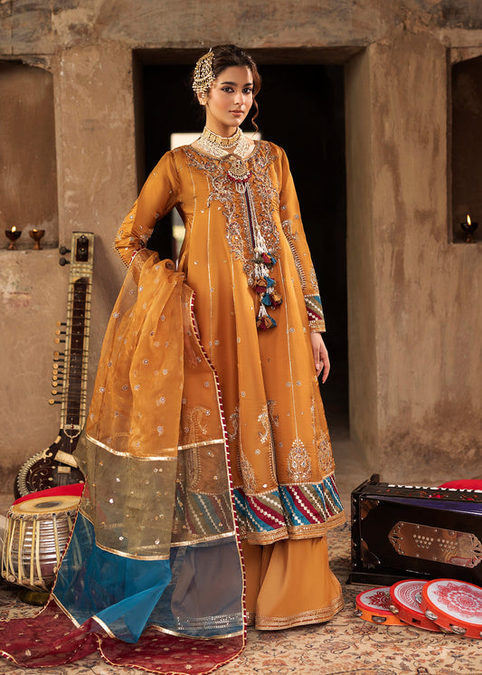 Shop Mustard Silk Heavy Embroidered Pishwas Online in Dubai DXB UAE Abudhabi Meena Bazaar