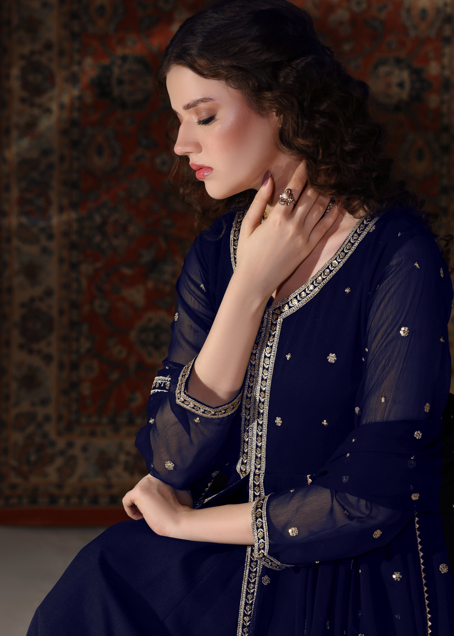Shop Navy Blue Chiffon Embroidered 3 Piece Suit Online in Sri Lanka India Australia