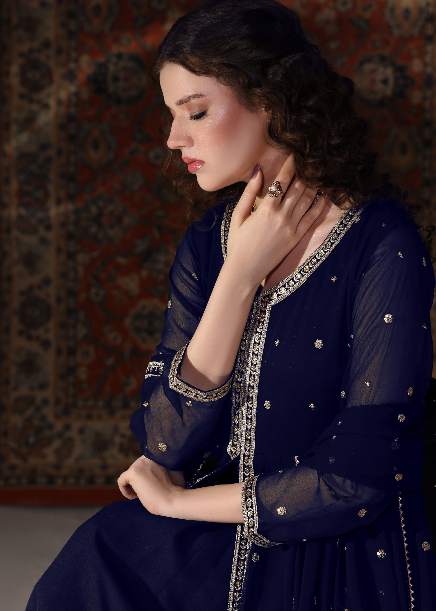 Shop Navy Blue Chiffon Embroidered 3 Piece Suit Online in Sri Lanka India Australia