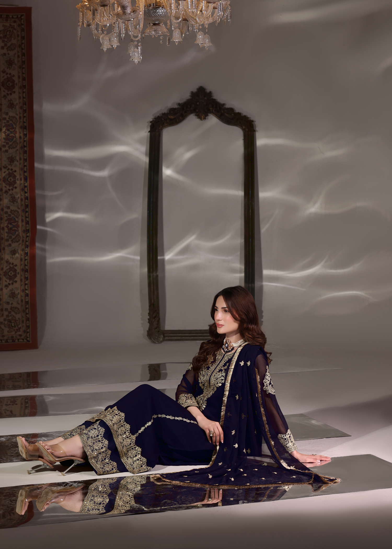 Shop Navy Blue Embroidered Chiffon Festive Wear Kurta Online in Dubai DXB UAE Abudhabi Meena Bazaar
