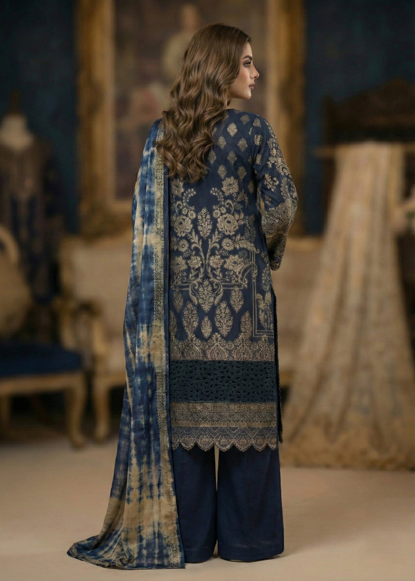 Shop Navy Blue Embroidered Jacquard Straight Kurta Online in Dubai DXB UAE Abudhabi Meena Bazaar