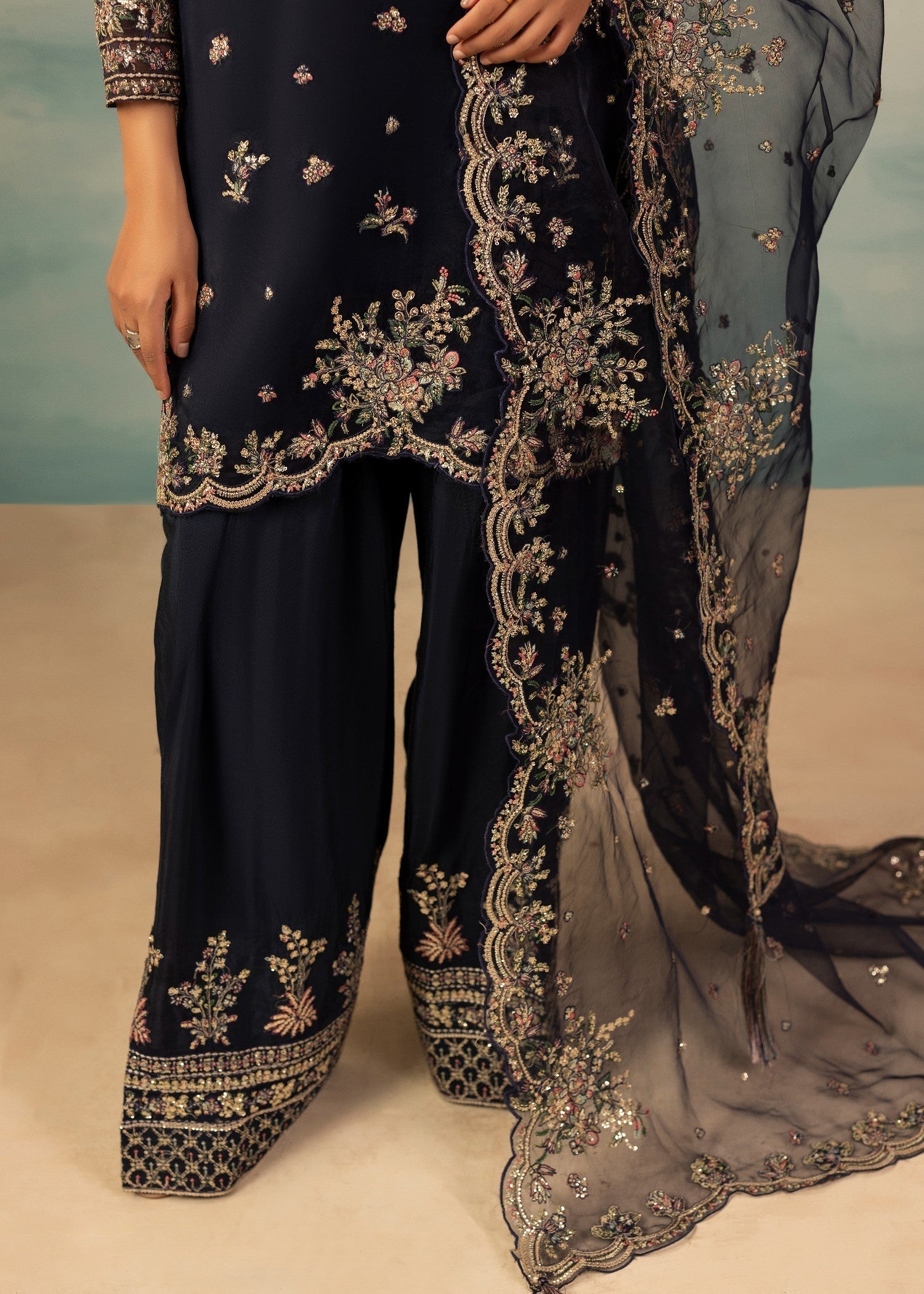 Shop Navy Blue Embroidered Raw Silk Pakistani Suit Online in Dubai DXB UAE Abudhabi Meena Bazaar