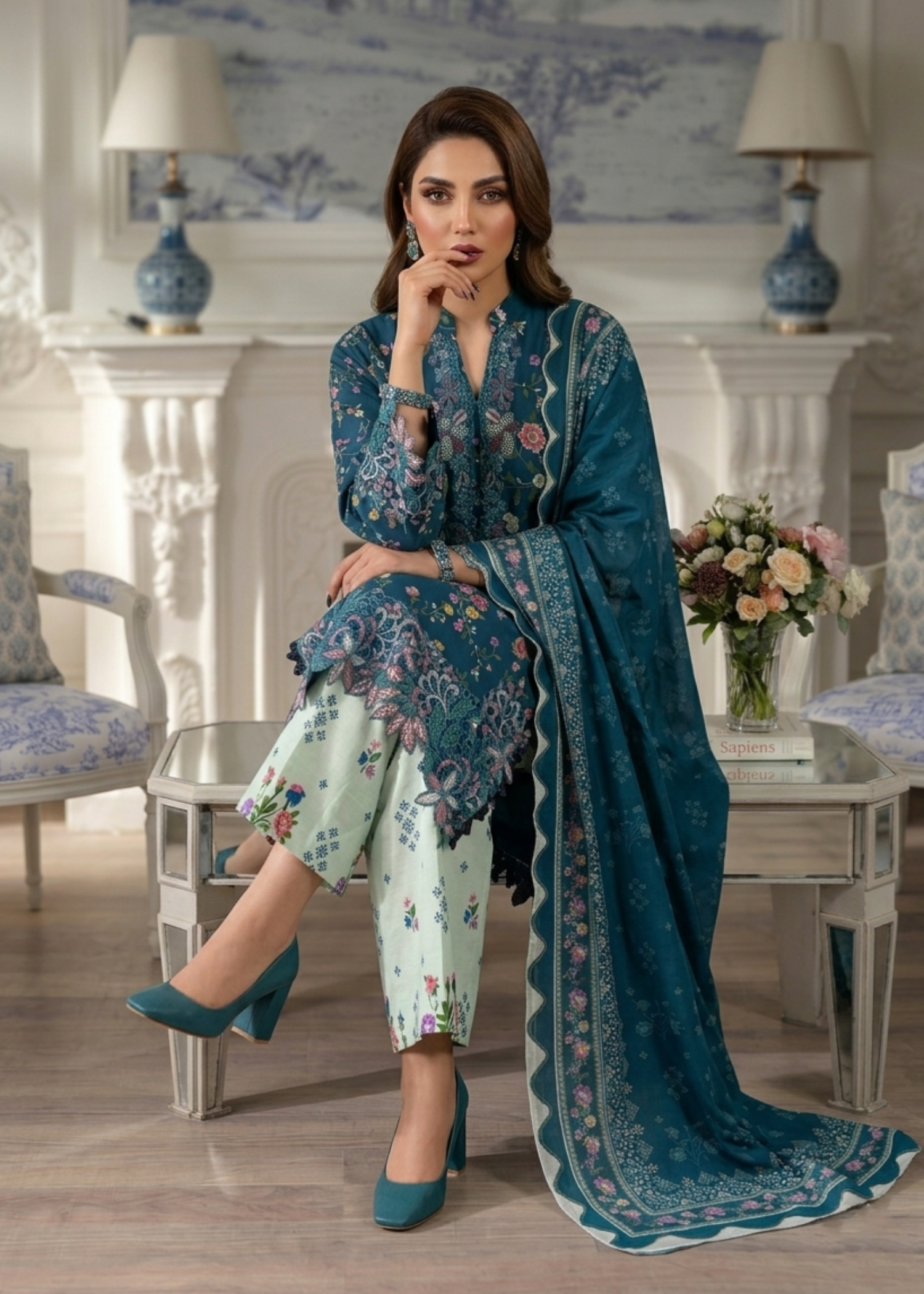 Shop Navy Blue Lawn Embroidered Festive Suit Online in Dubai DXB UAE Abudhabi Meena Bazaar