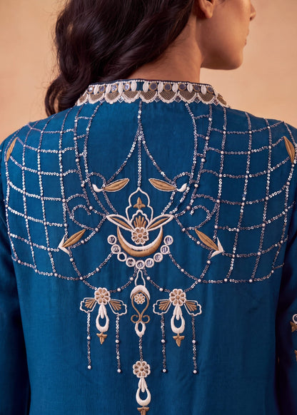 Shop Ocean Blue Embroidered Dhanak Kurta Set Online in Dubai UAE Abudhabi Ajman Sharjah