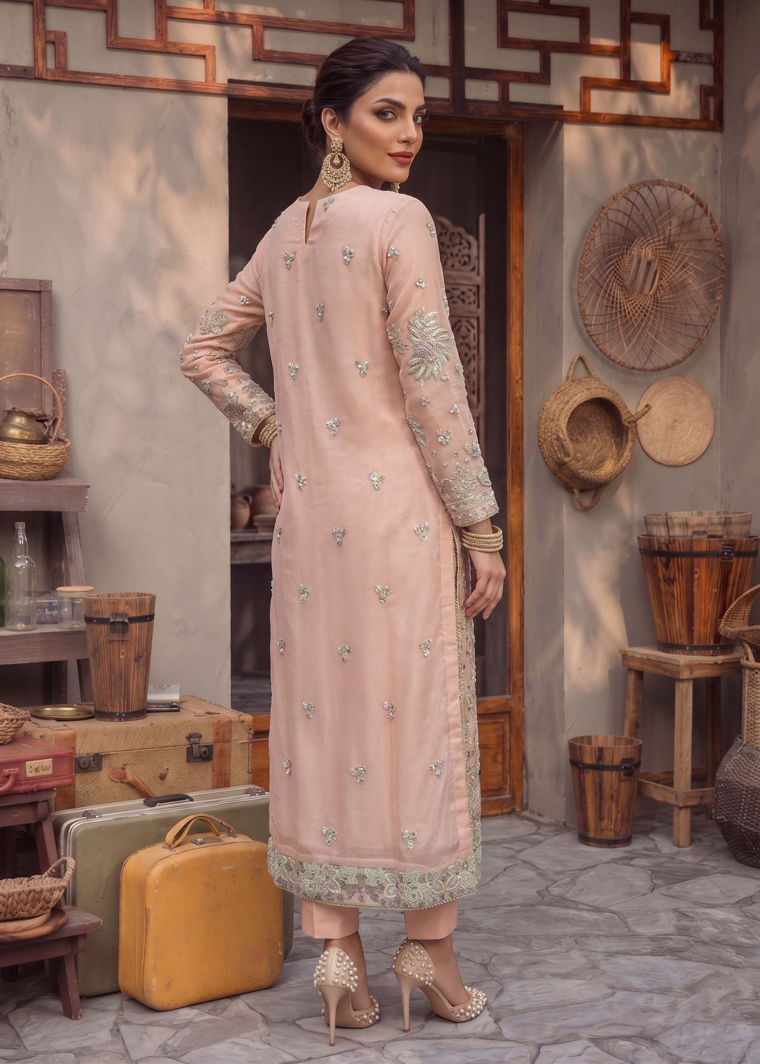 Shop Peach Embroidered Organza Kurta Online in Dubai DXB UAE Abudhabi Meena Bazaar