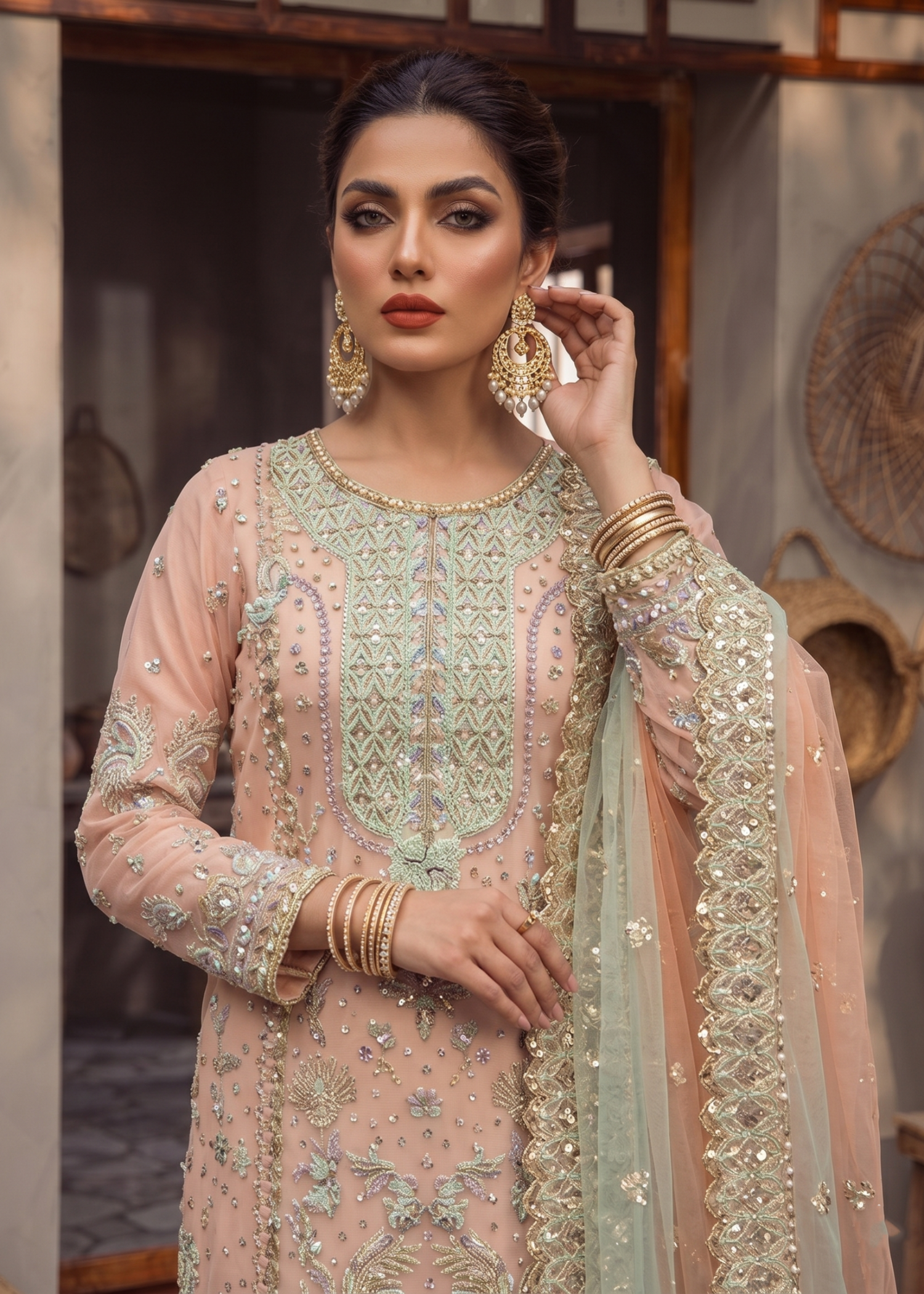 Shop Peach Organza Embroidered Kurta Online in Dubai DXB UAE Abudhabi Meena Bazaar