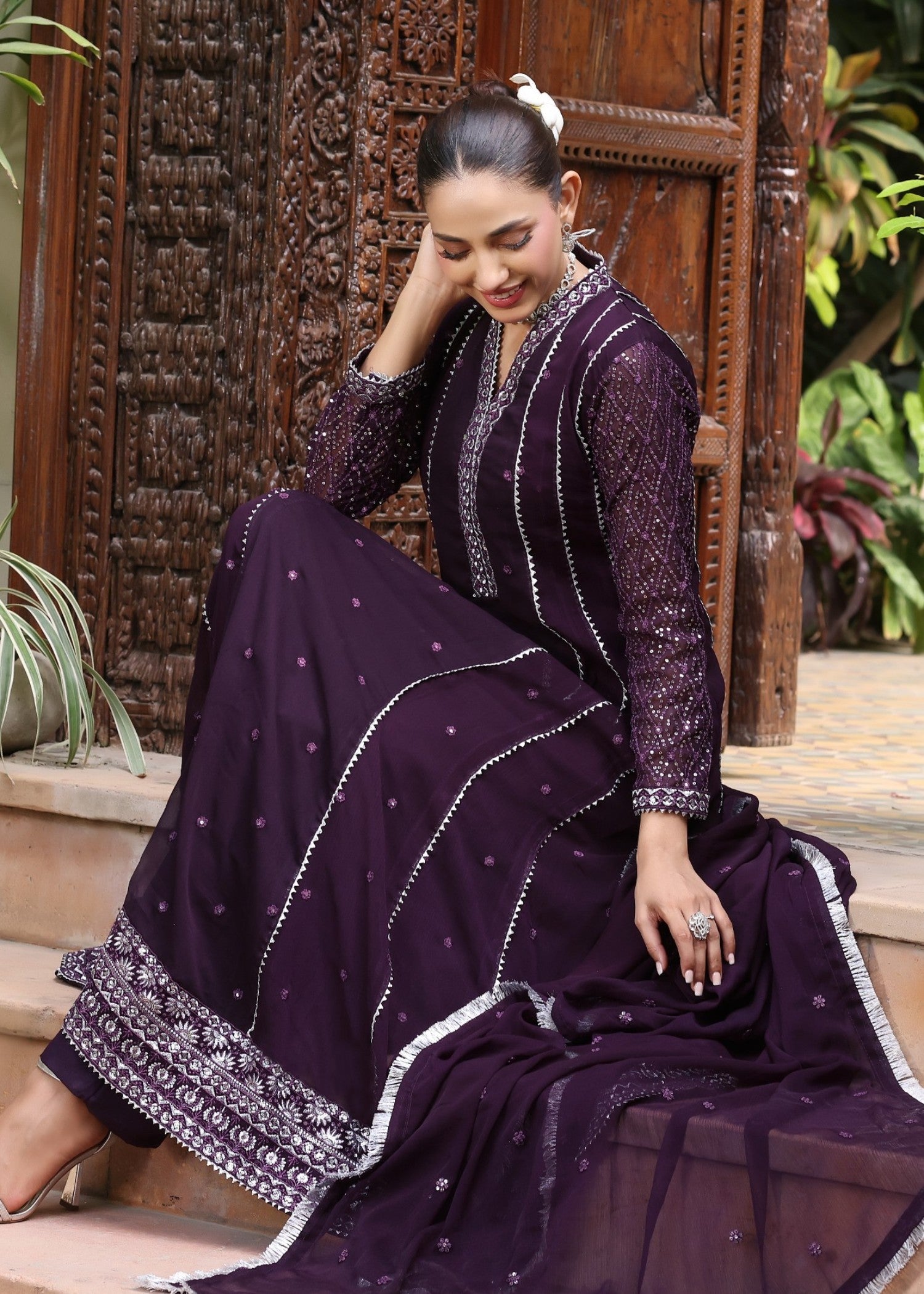 Shop Purple Chiffon Embroidered Pishwas Online in Dubai UAE Abudhabi Ajman Sharjah