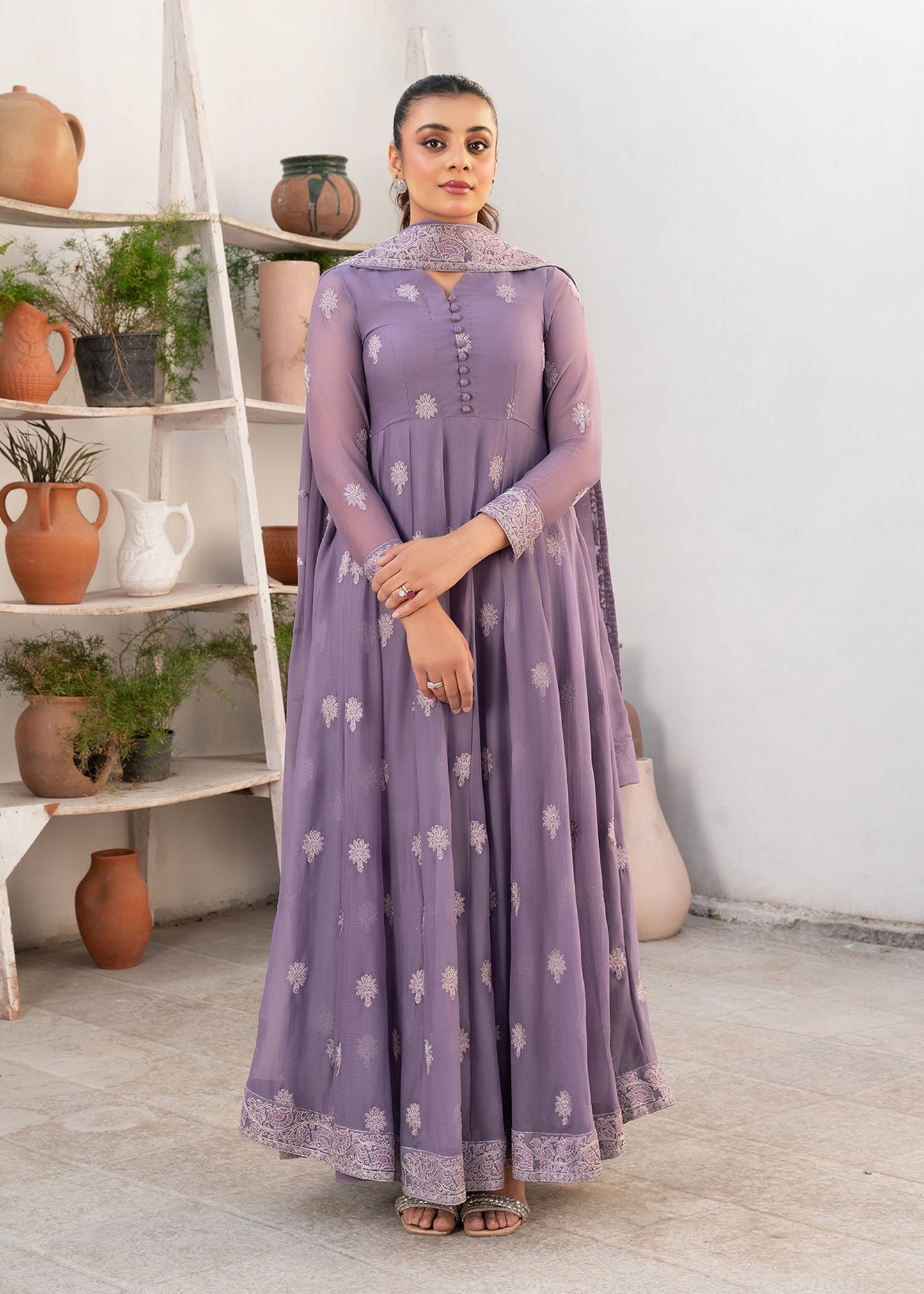 Shop Purple Chiffon Pishwas with Silver Tilla Border Online in Dubai DXB UAE Abudhabi Meena Bazaar