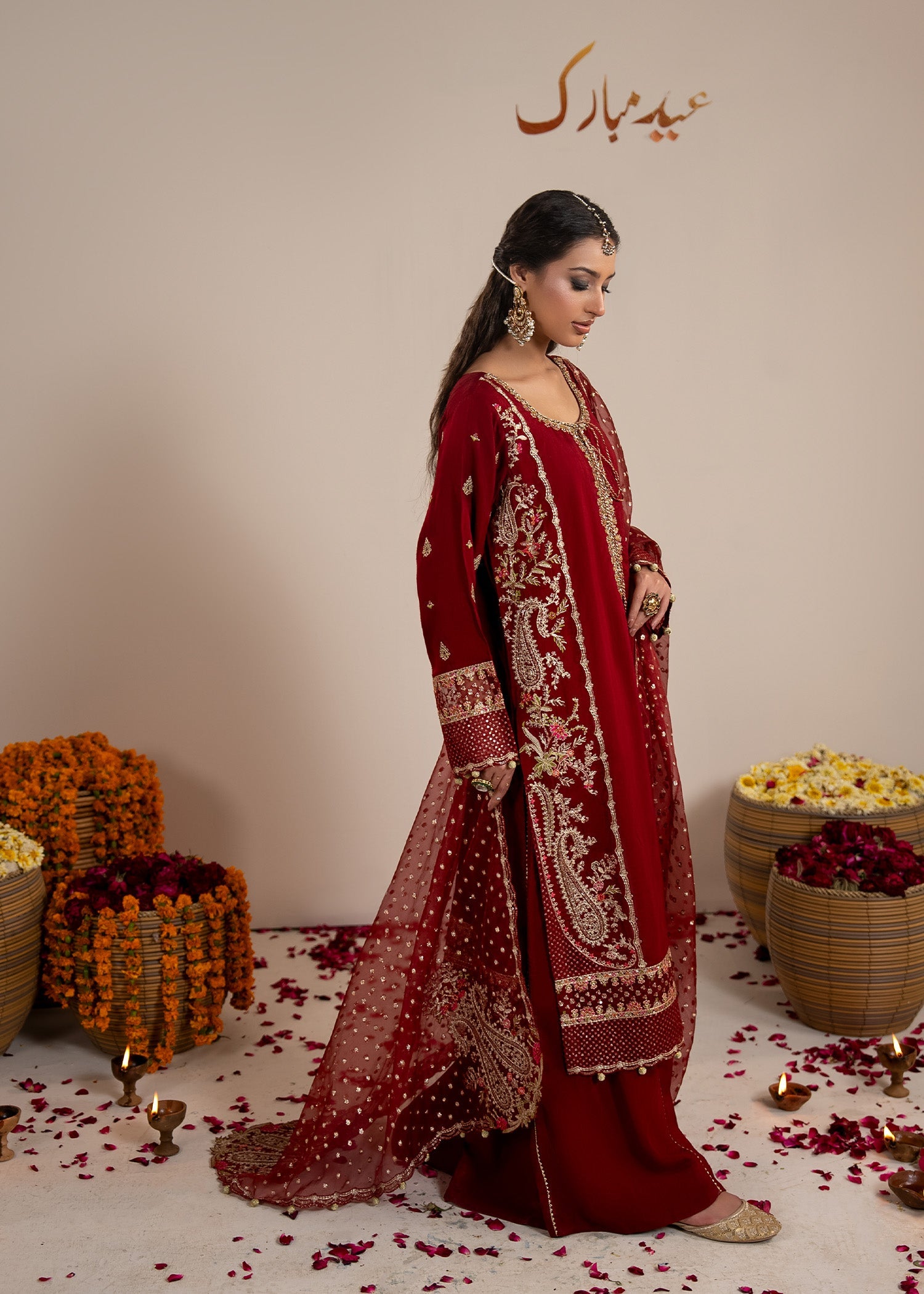 Shop Red Heavy Embroidery Raw Silk Suit Online in Dubai DXB UAE Abudhabi Meena Bazaar