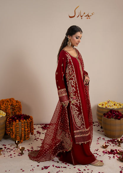 Shop Red Heavy Embroidery Raw Silk Suit Online in Dubai DXB UAE Abudhabi Meena Bazaar