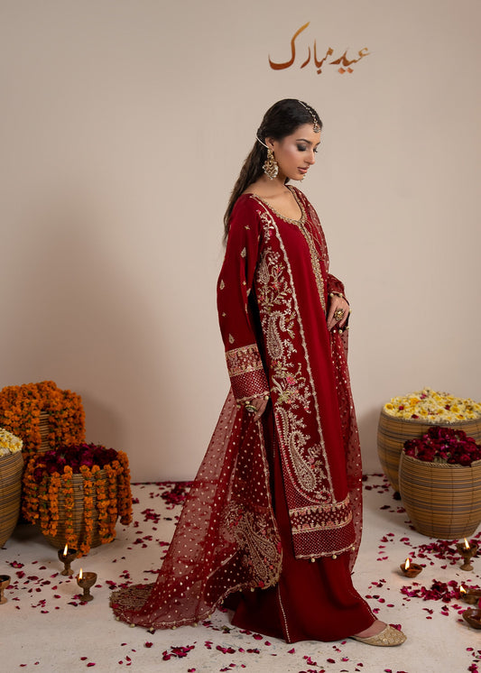 Shop Red Heavy Embroidery Raw Silk Suit Online in Dubai DXB UAE Abudhabi Meena Bazaar