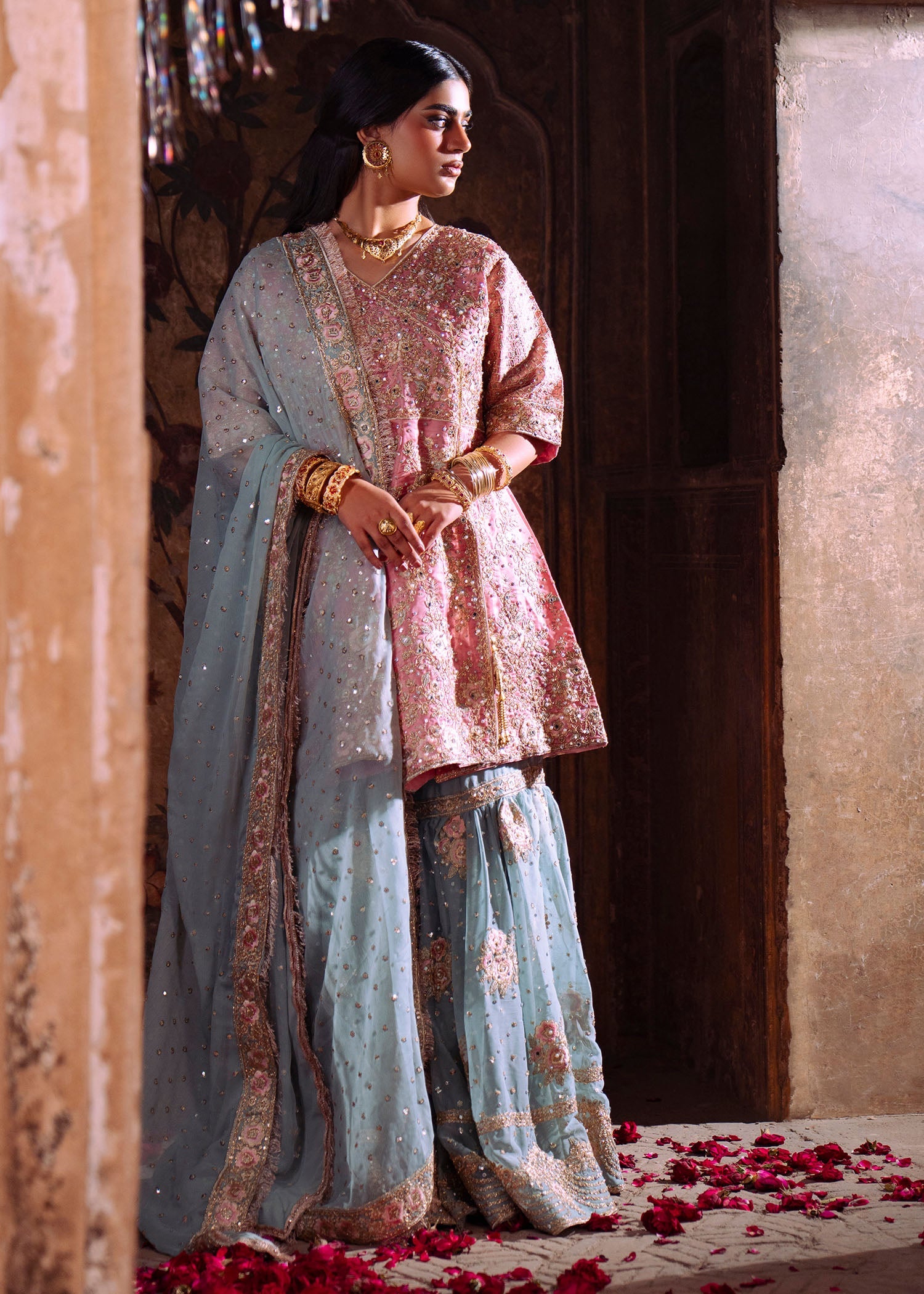 Shop Rose Pink Embroidered Kurta Gharara Dupatta Online in Dubai DXB UAE Abudhabi Meena Bazaar