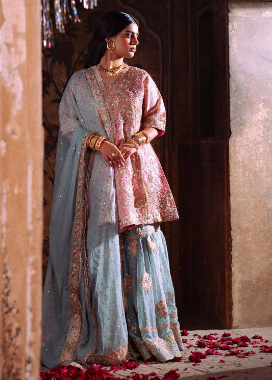 Shop Rose Pink Embroidered Kurta Gharara Dupatta Online in Dubai DXB UAE Abudhabi Meena Bazaar