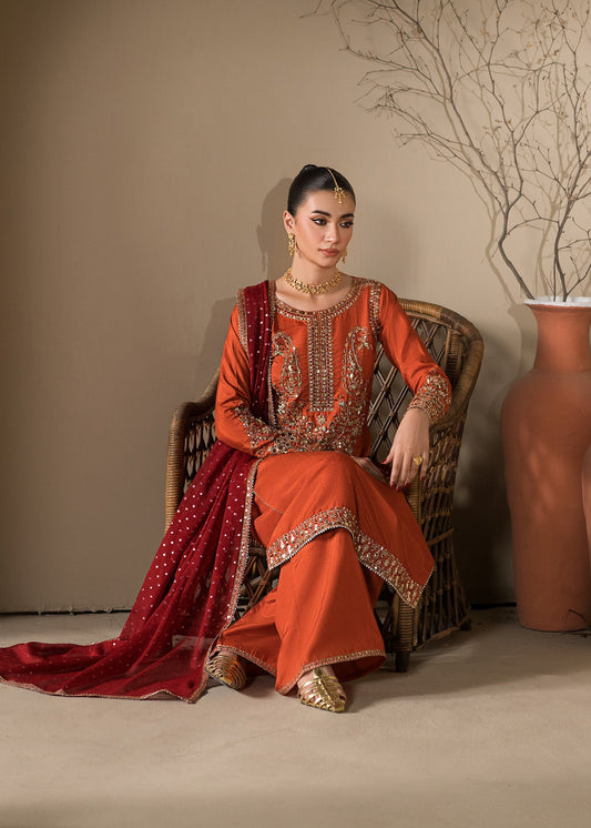 Shop Rust Orange Raw Silk Festive Suit Online in Dubai DXB UAE Abudhabi Meena Bazaar