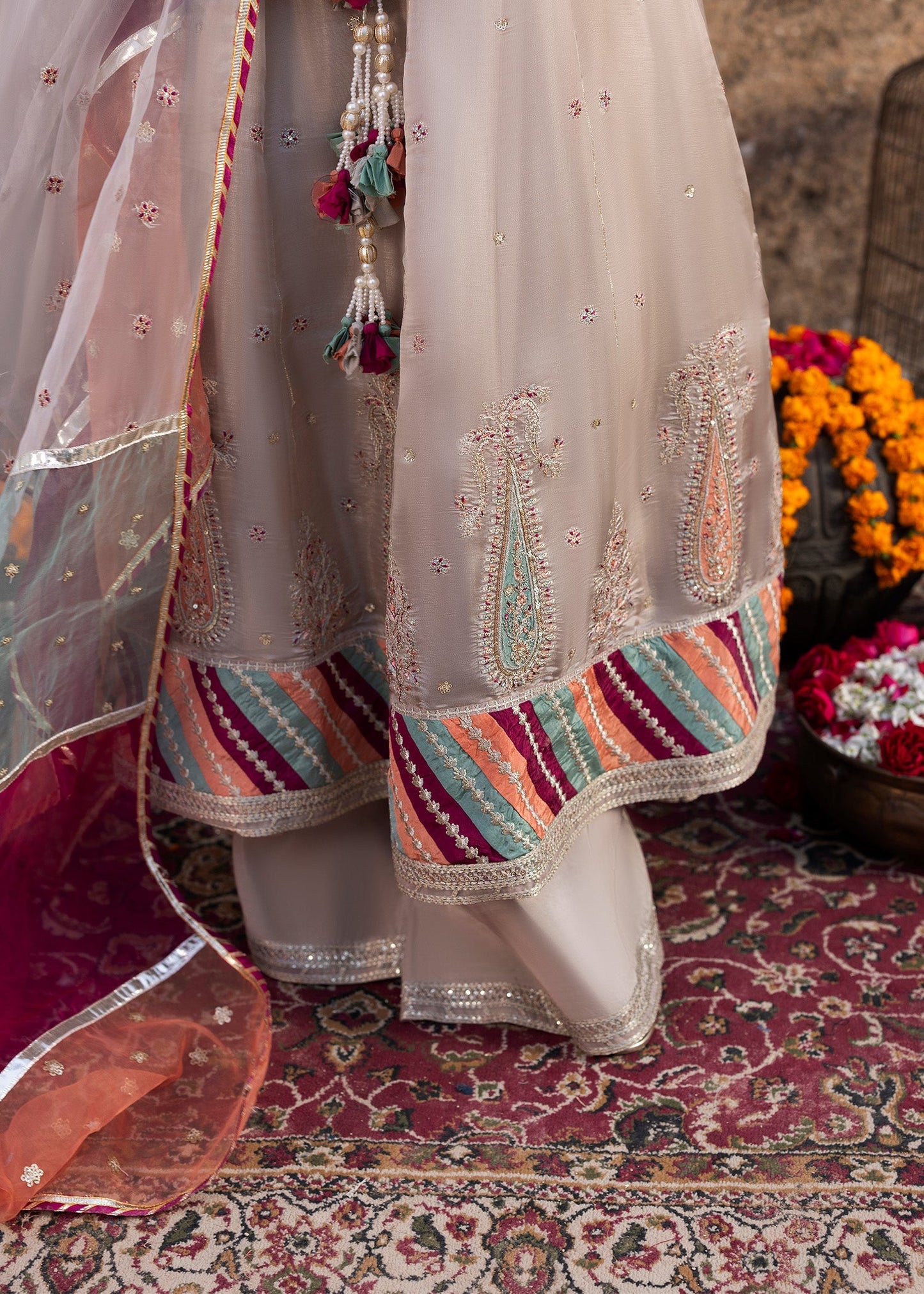 Shop Silver Embellished Silk Pishwas Wedding Outfit Online in Dubai DXB UAE Abudhabi Meena Bazaar