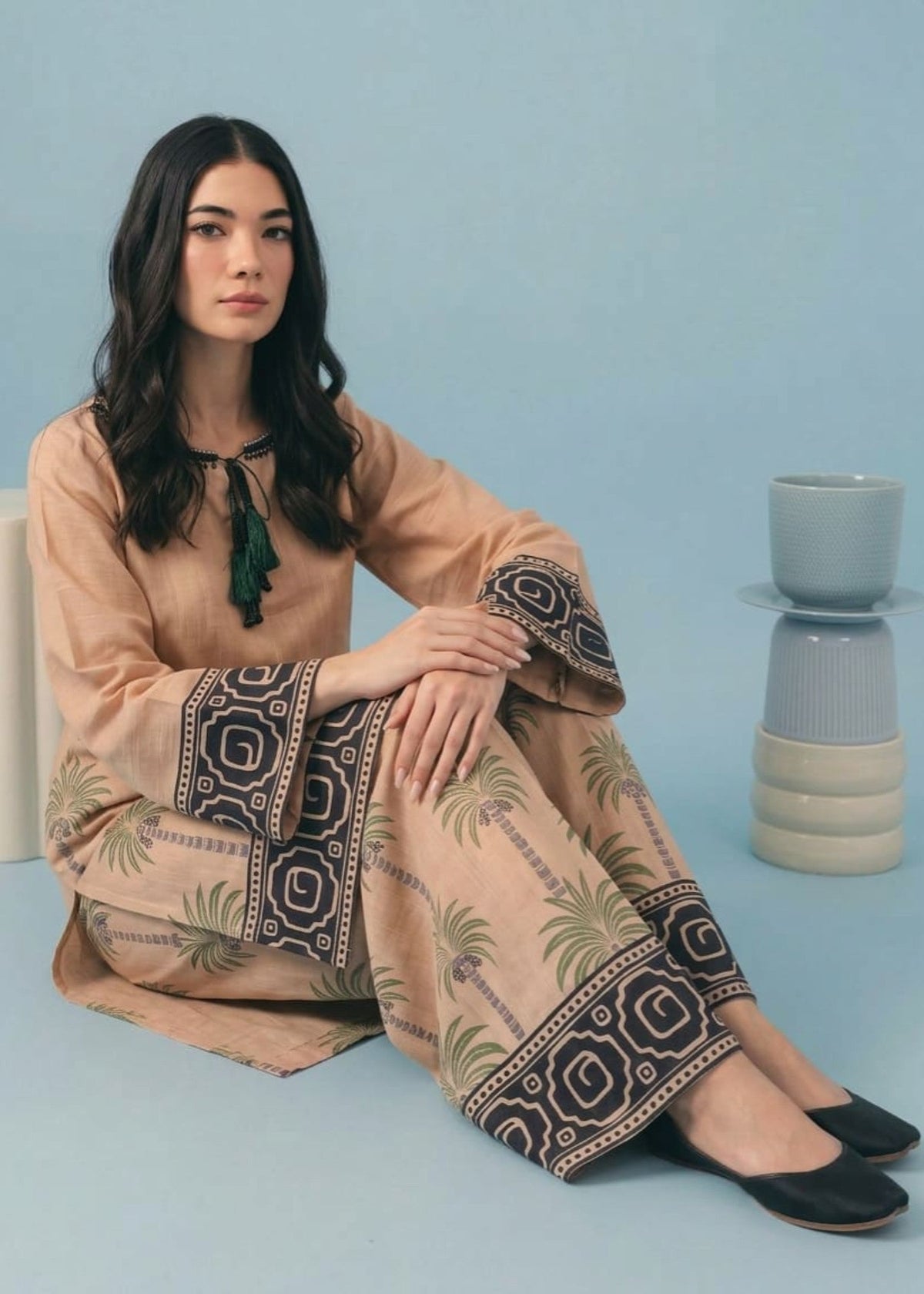 Shop Tan Brown Printed Khaddar Pakistani Suit Online in Dubai DXB UAE Abudhabi Meena Bazaar