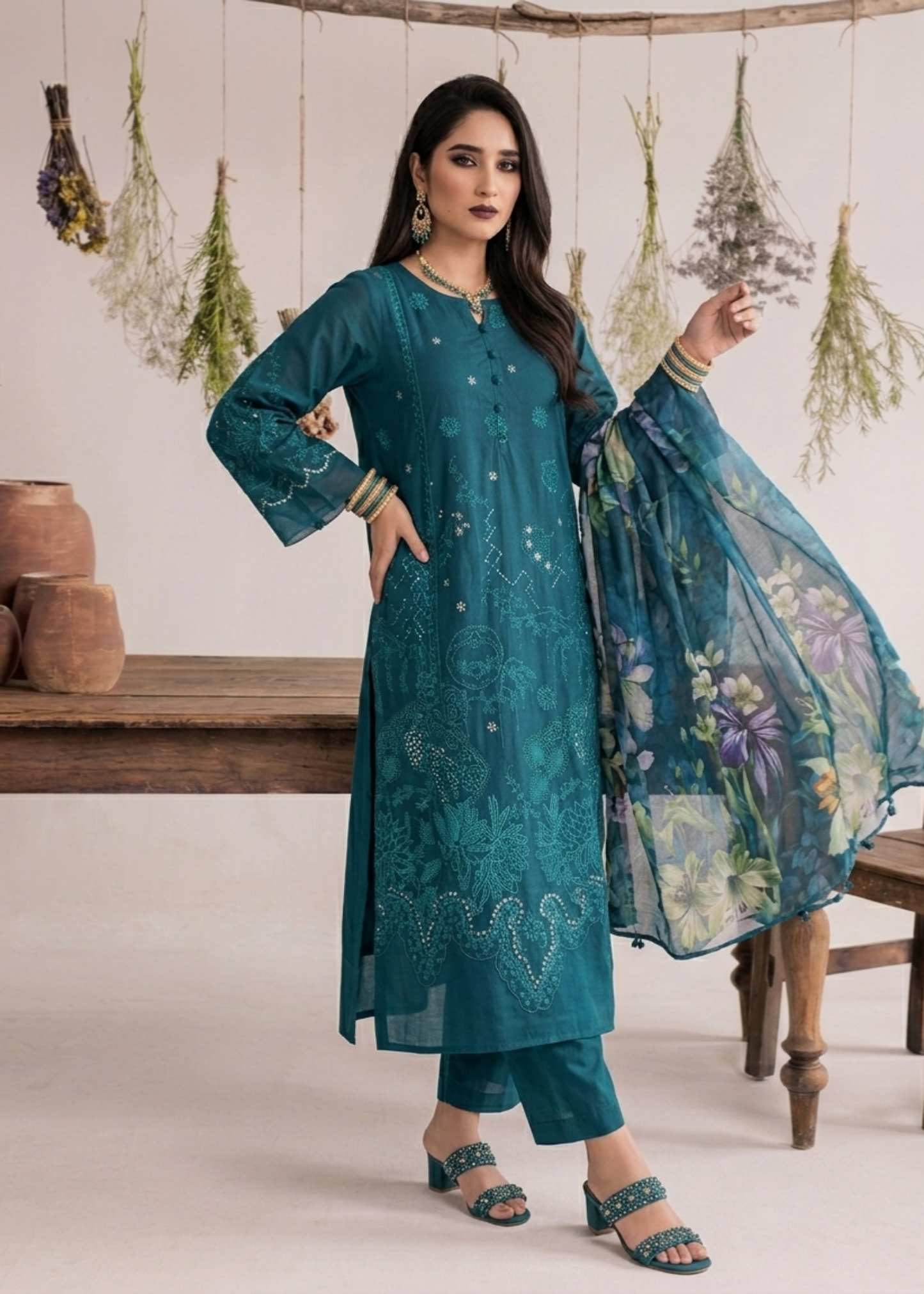 Shop Teal Cotton Embroidered Pakistani Suit Online in Dubai DXB UAE Abudhabi Meena Bazaar