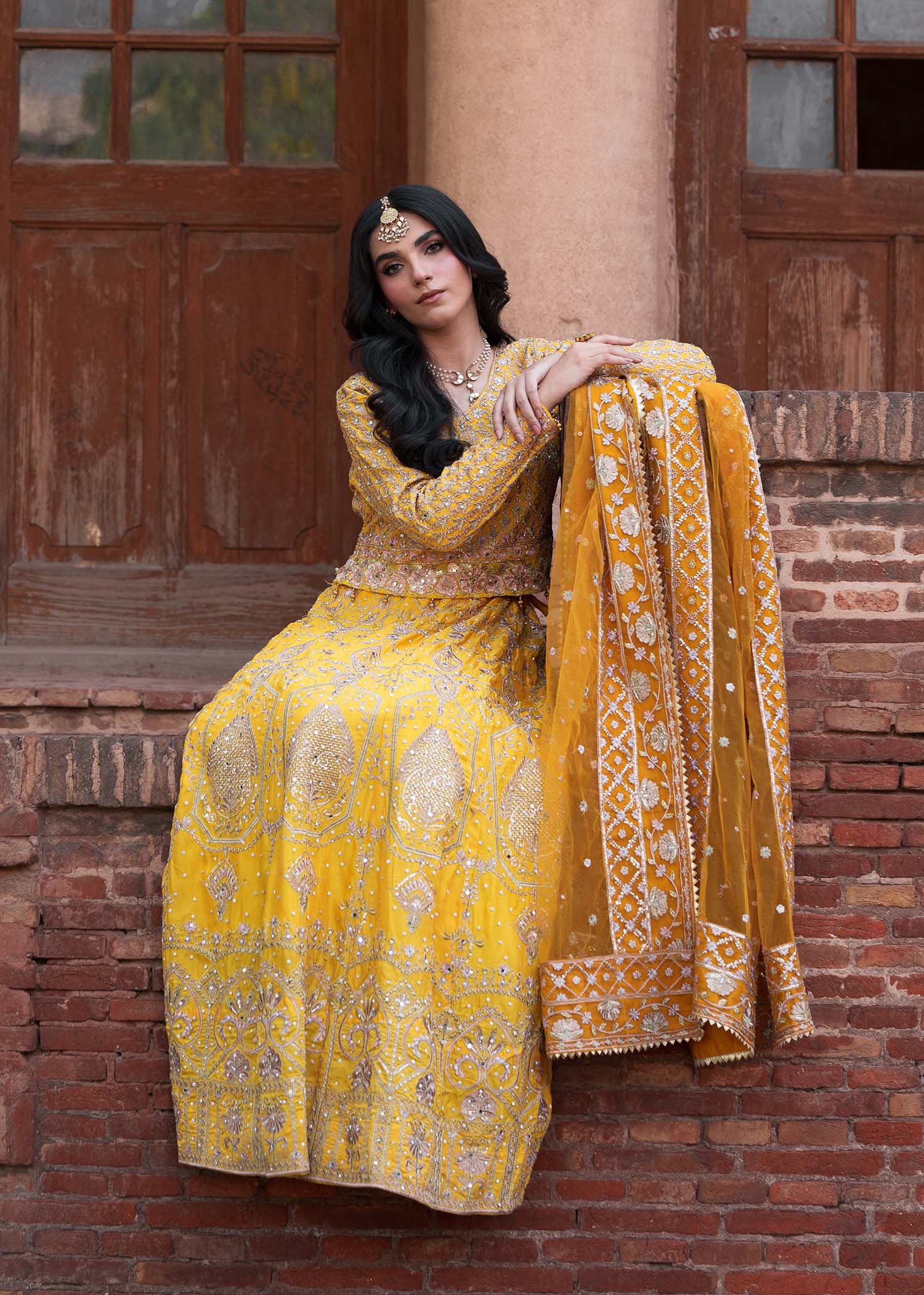 Shop Yellow Chiffon Net Partywear Lehenga Online in Dubai DXB UAE Abudhabi Meena Bazaar