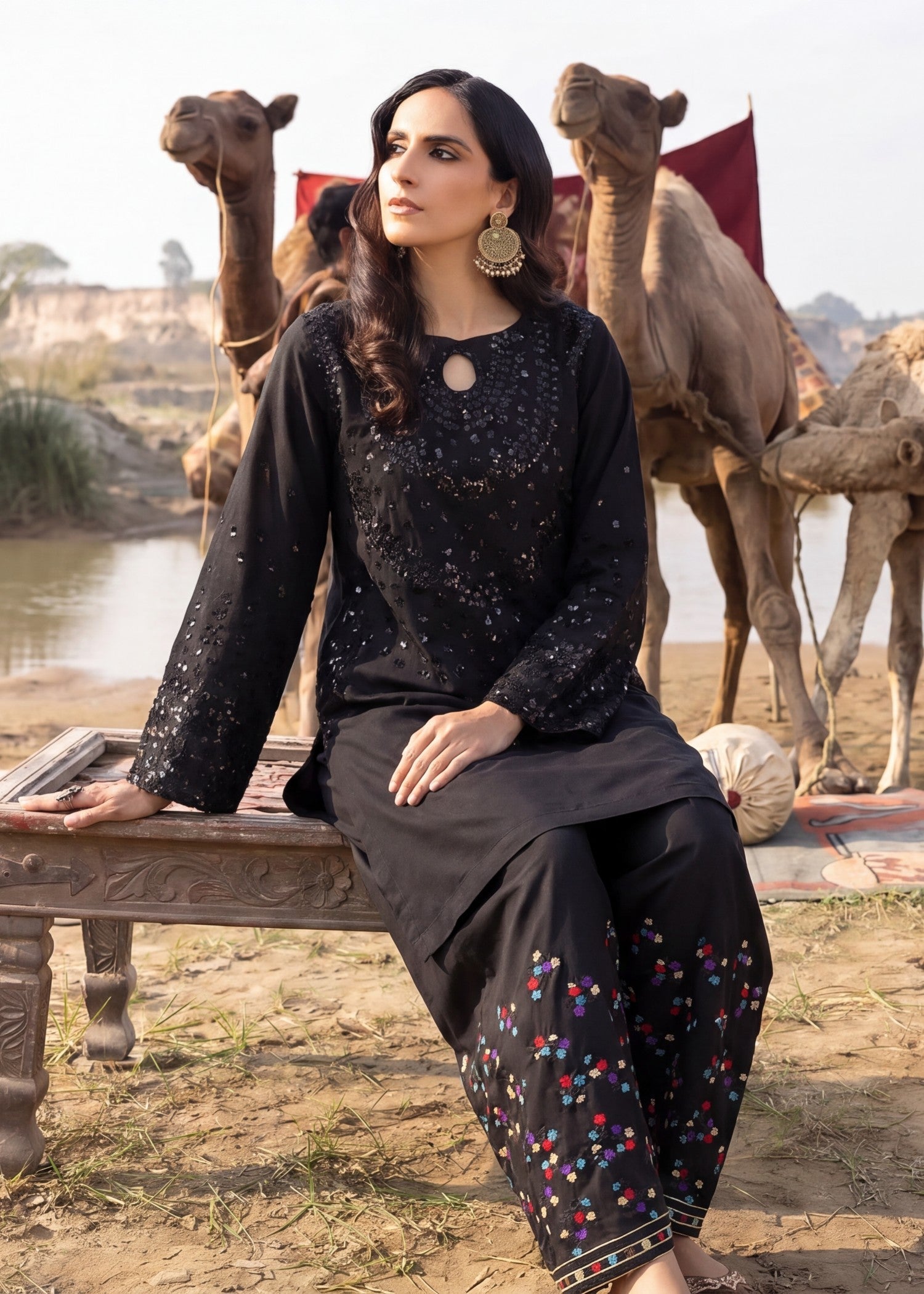 Short Kurta Black Embroidered Lawn Shalwar Online in Dubai UAE Abudhabi Ajman Sharjah