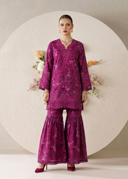 Silk Dupatta Purple Embroidered Lawn Gharara Online in Dubai DXB UAE Abudhabi Meena Bazaar