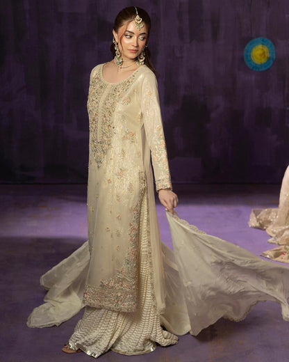 Silk Embroidered Dupatta and Sharara Set Designer Salwar Kameez Online in Dubai DXB UAE Abudhabi Meena Bazaar