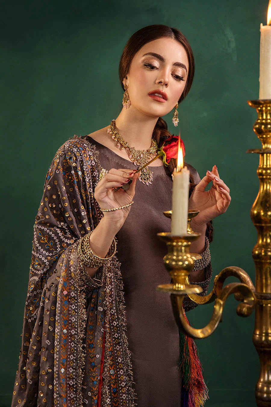 Hand Embroidered Elegant Brown Glass Silk Designer Farshi Shalwar Suit
