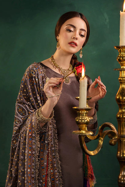 Hand Embroidered Elegant Brown Glass Silk Designer Farshi Shalwar Suit