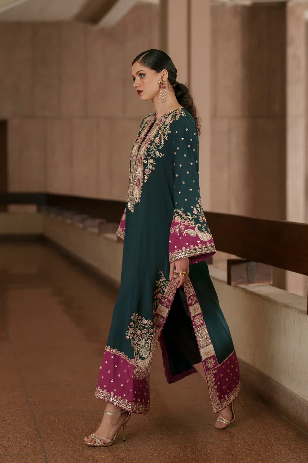Sea Green Silk Sequins Embroidered Kaftan with Dupatta