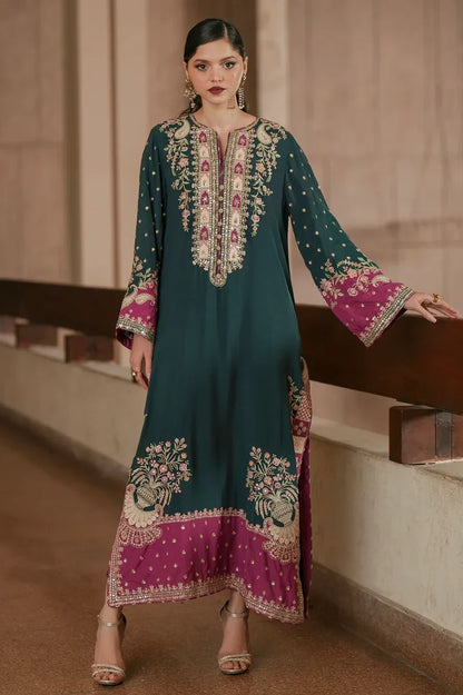 Sea Green Silk Sequins Embroidered Kaftan with Dupatta
