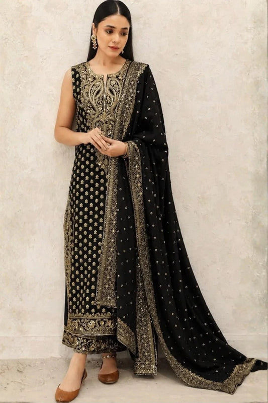 Black Hand Embellished Silk Suit