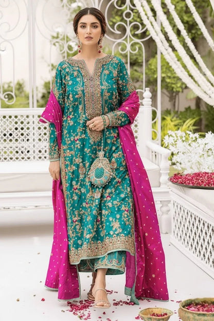 Turquoise Handmade Raw Silk Suit with Shocking Pink Dupatta
